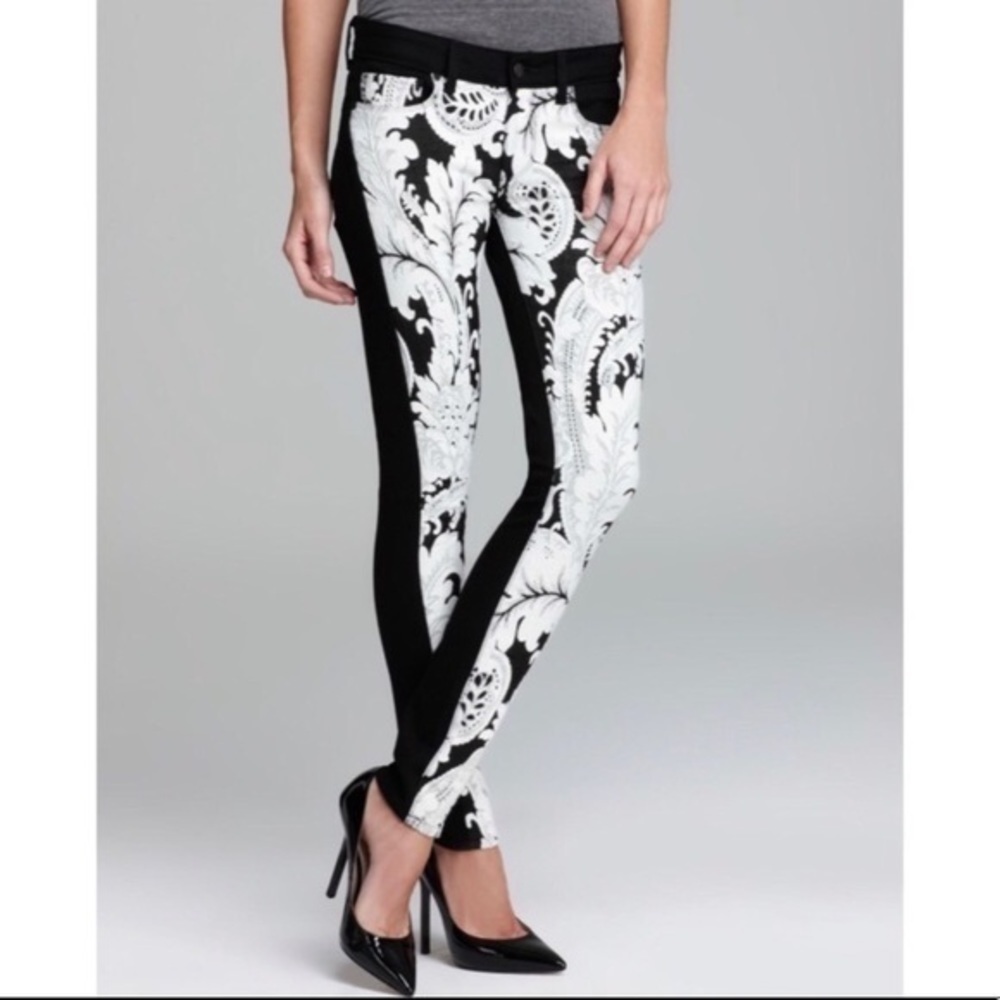 NWT Paige Emily Ultra Skinny Black Cream Appliqué Jeans Size 25 - Picture 2 of 10